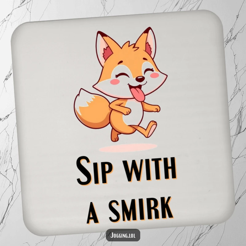 Funny Drink Coaster featuring a cheerful fox character jogging with its tongue playfully sticking out, adding whimsy.