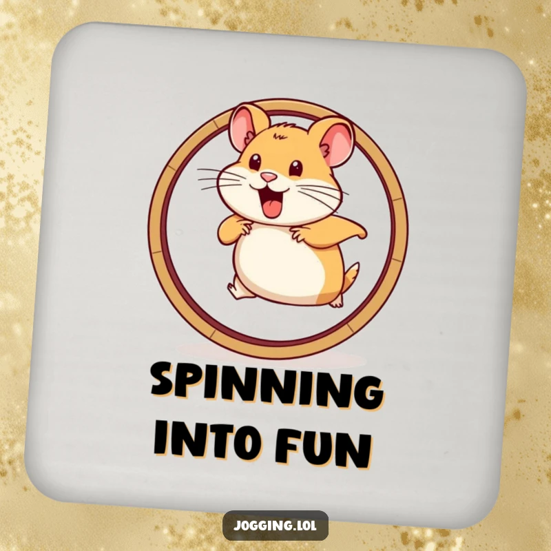 Funny coaster featuring a determined hamster running vigorously on a wheel graphic, offering protection with energetic flair.