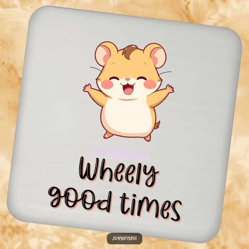 Funny drink coaster featuring a joyful hamster character running on an invisible wheel, symbolizing energetic motion.