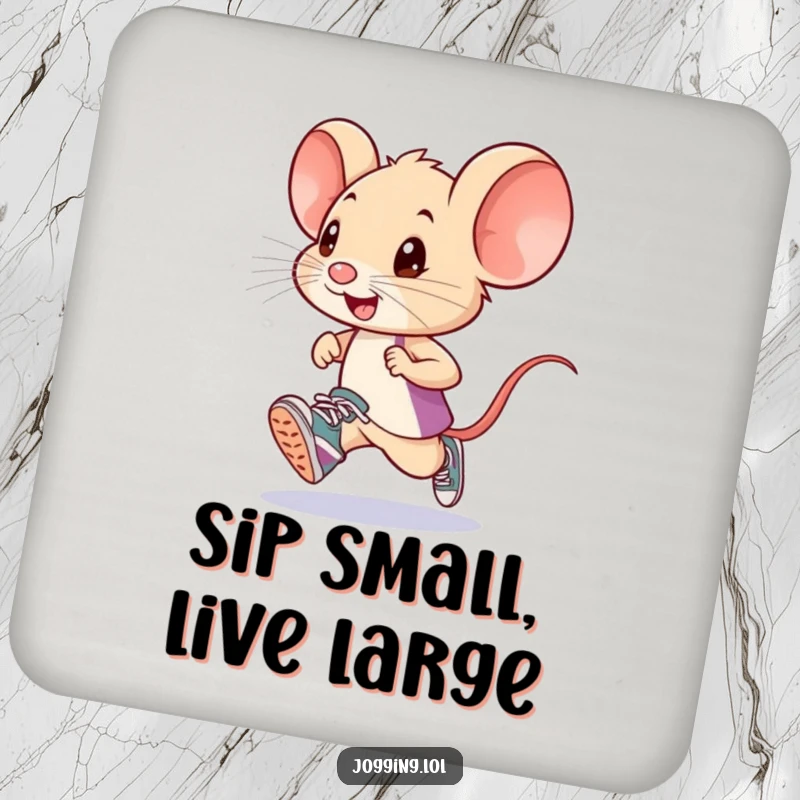 Funny mouse runner design with tiny sneakers on drink coasters, offering humorous protection for surfaces with adorable charm.