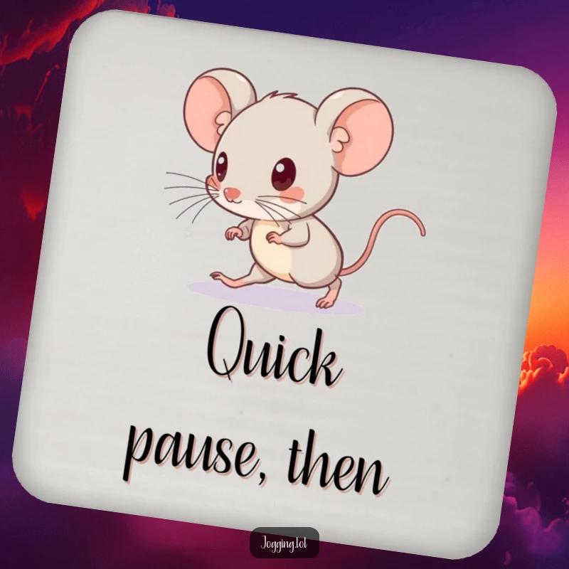 Funny drink coaster showing a curious mouse picking up its pace, looking ahead, safeguarding your surfaces.