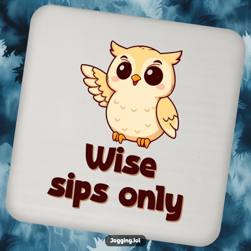 Funny owl coaster with a delighted bird mid-jog and wing extended, ideal for protecting surfaces humorously.