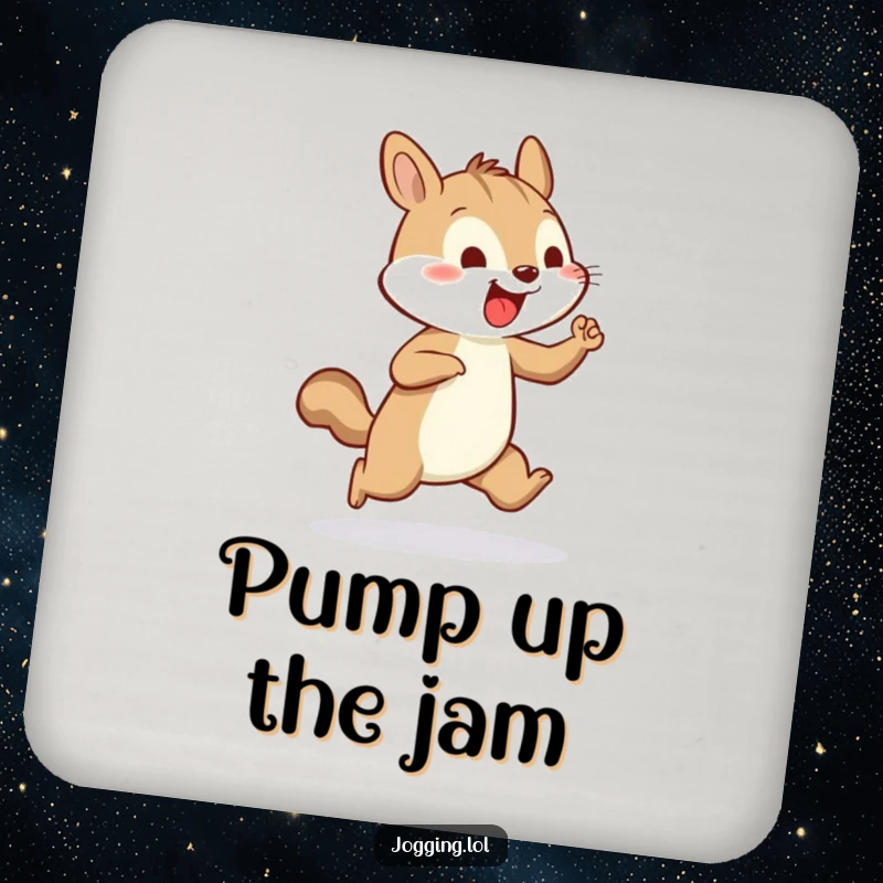 Funny coaster featuring a cheerful squirrel vigorously pumping its tiny arms while jogging, a humorous surface protector.