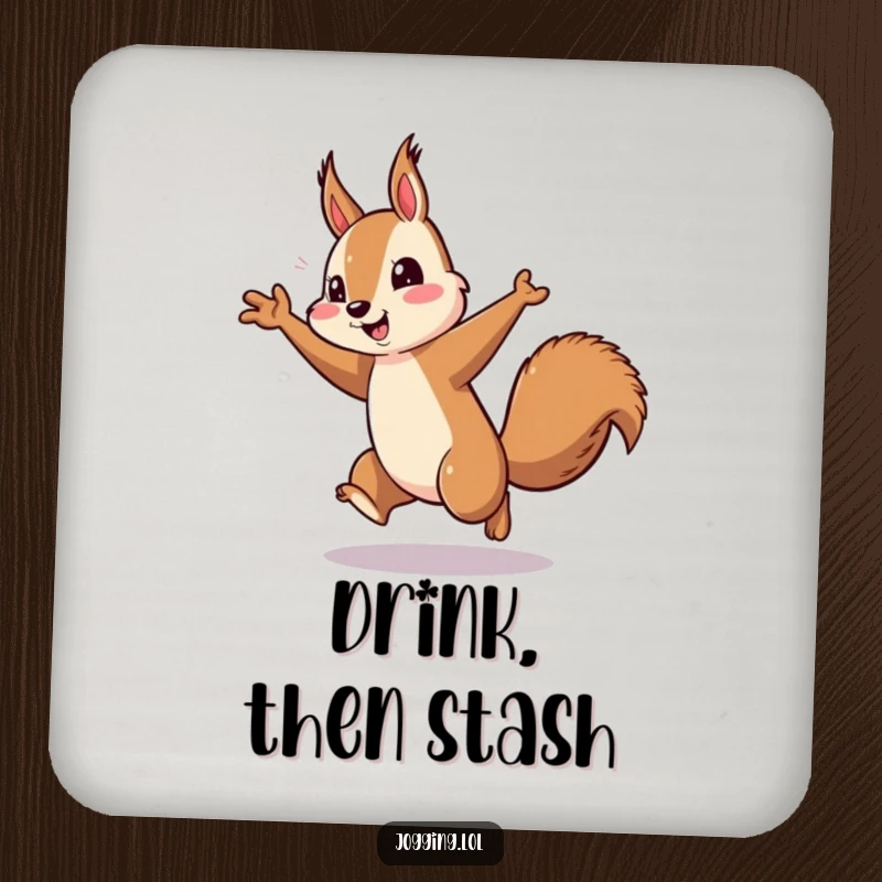 Funny squirrel running coaster, energetic arm pumping, playful rodent, dynamic design, tabletop protection, ideal funny gift