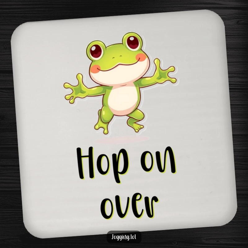 Funny frog coasters displaying a playful frog character hopping with humorous enthusiasm, protecting surfaces with energetic fun.