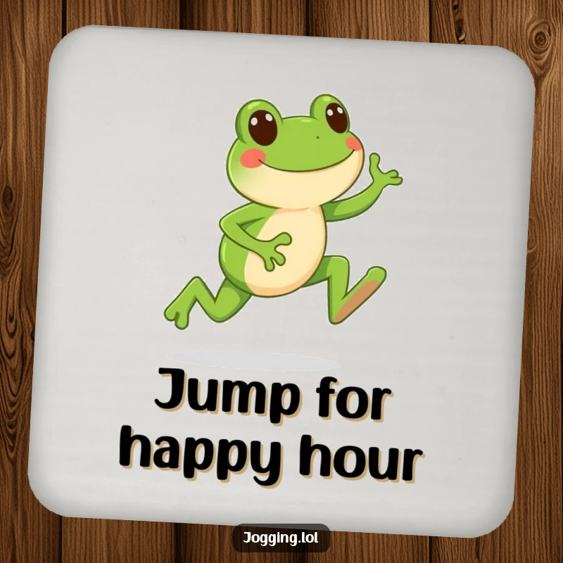 Funny drink coaster featuring a happy frog character leaping forward with each jogging stride, humor for tabletops.