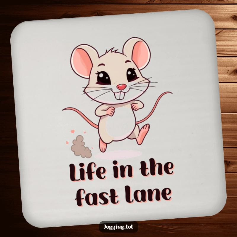 Funny mouse drink coaster featuring a tiny, determined rodent sprinting with a dust cloud. Humorous protection for surfaces.