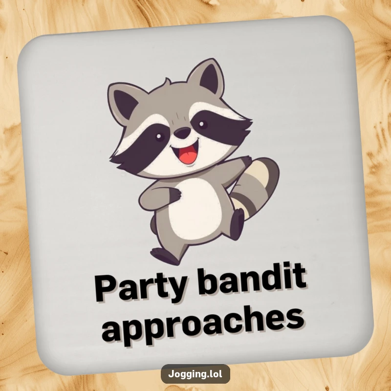 Funny drink coasters featuring a joyful raccoon with legs churning rapidly, providing surface protection with a humorous and high-energy design.