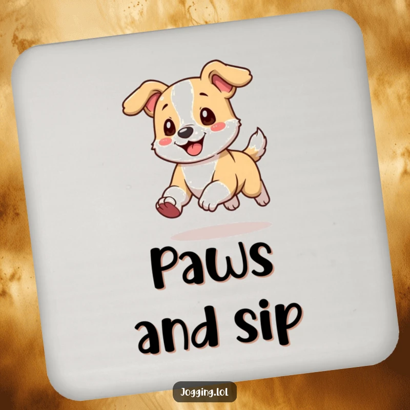 Funny Drink Coaster featuring a playful dog character running with its ears happily flopping, bringing cheer.