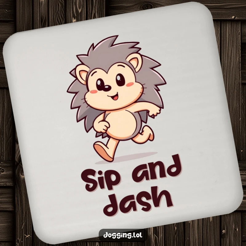 Funny hedgehog drink coaster with a happy character running with focus, providing a stable base for drinks with determined charm, a cool funny gift.