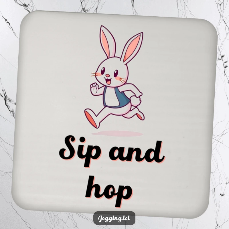 Funny drink coasters featuring a cheerful rabbit jogger, offering playful protection for tables during gatherings.