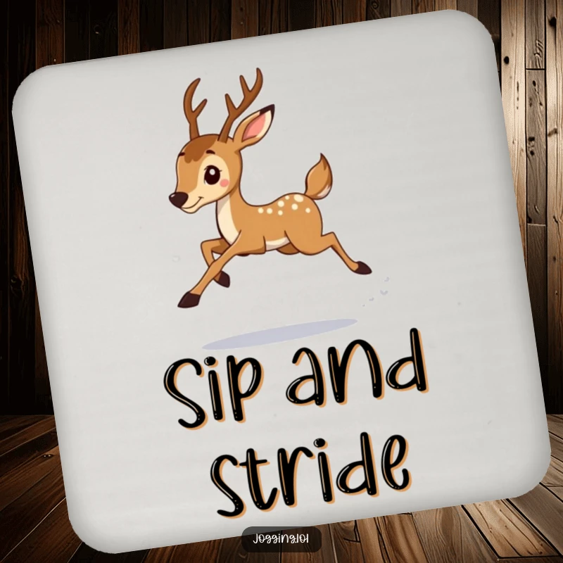 Funny deer jogger with graceful leaps design on drink coasters, protecting surfaces with athletic humor and woodland charm, a functional gift.