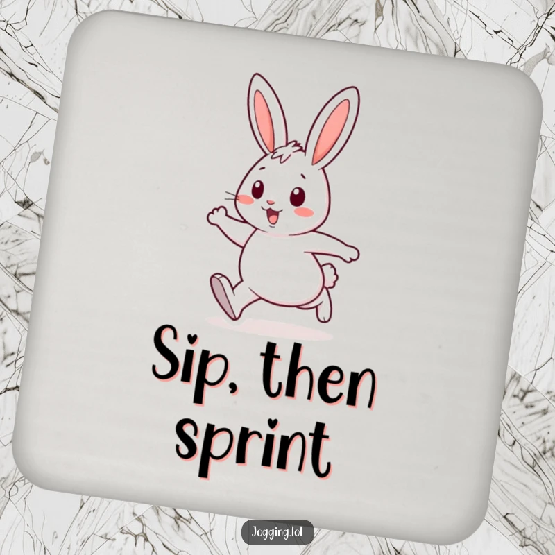 Funny drink coaster featuring a cheerful rabbit character with energetic strides, protecting tables with a dash of humor.
