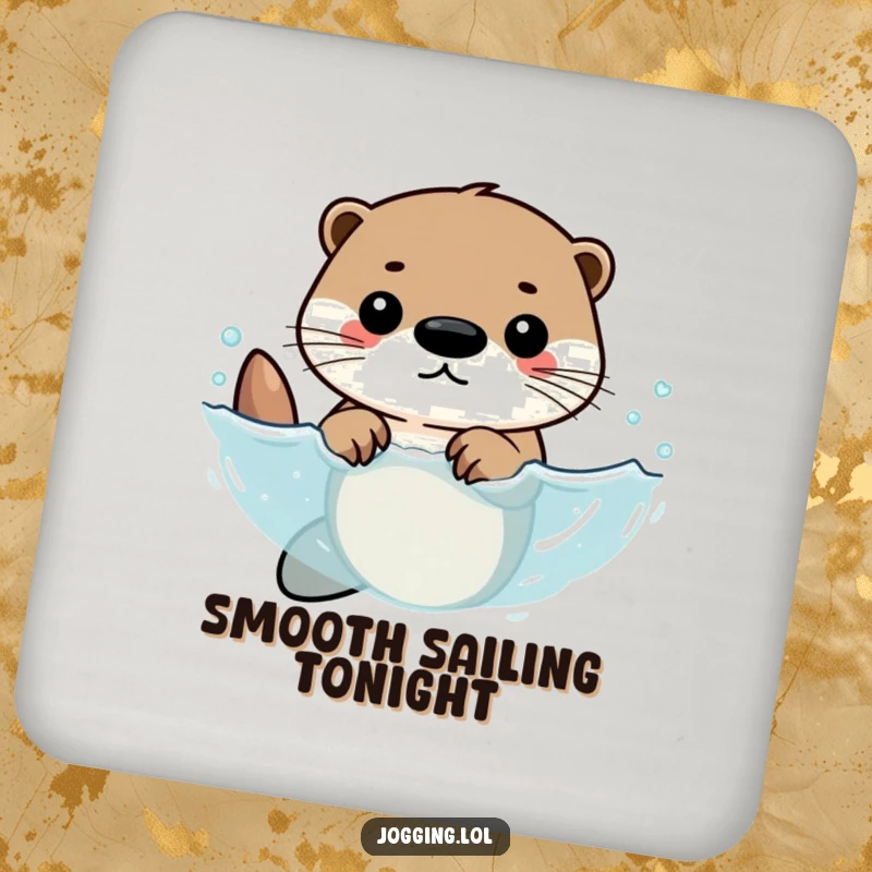 Funny drink coaster depicting a determined otter character swimming with rhythmic strokes, protecting surfaces with a humorous and aquatic design.