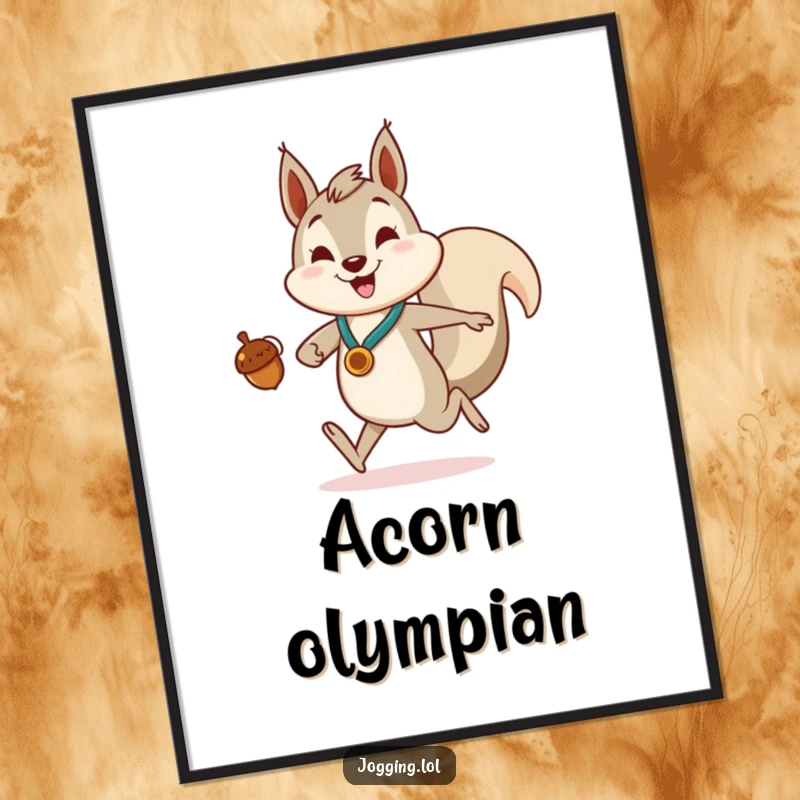 Funny Poster of a smiling squirrel character jogging enthusiastically, holding a small acorn aloft like a shiny medal.