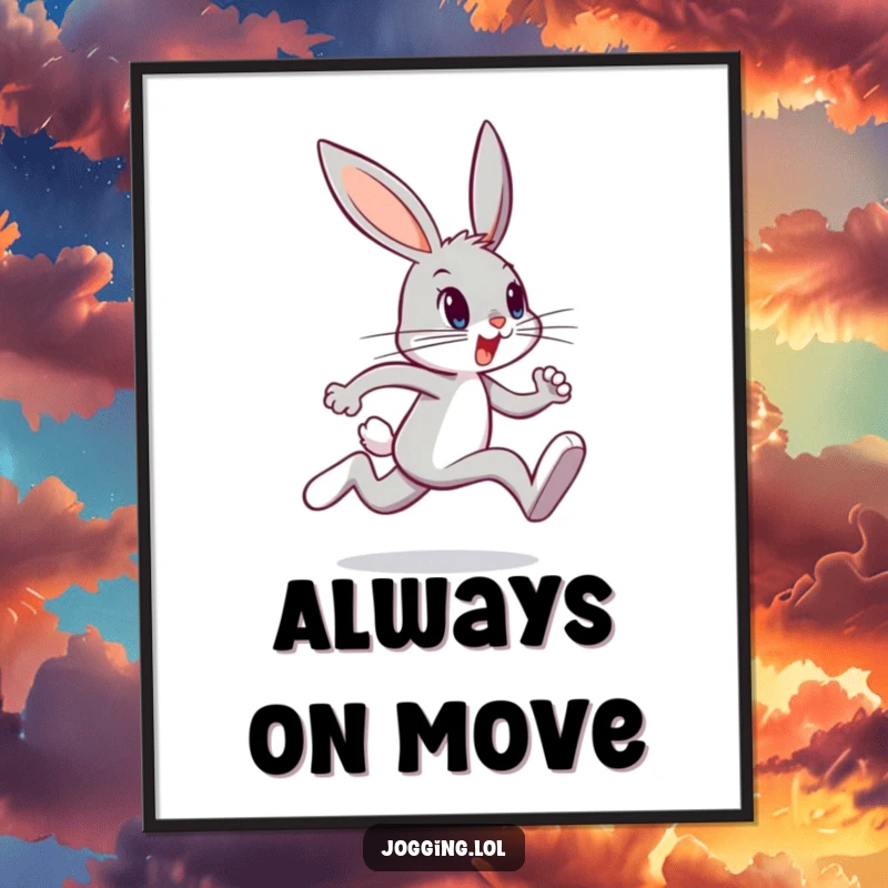 Funny bunny poster art of a determined character sprinting with dynamic leg movement, inspiring energy and motivation, a unique funny gift.