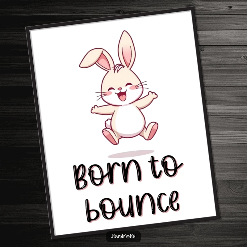 Funny poster of a joyful rabbit comically jogging, ears flopping amusingly, creating a lively and humorous wall decoration.