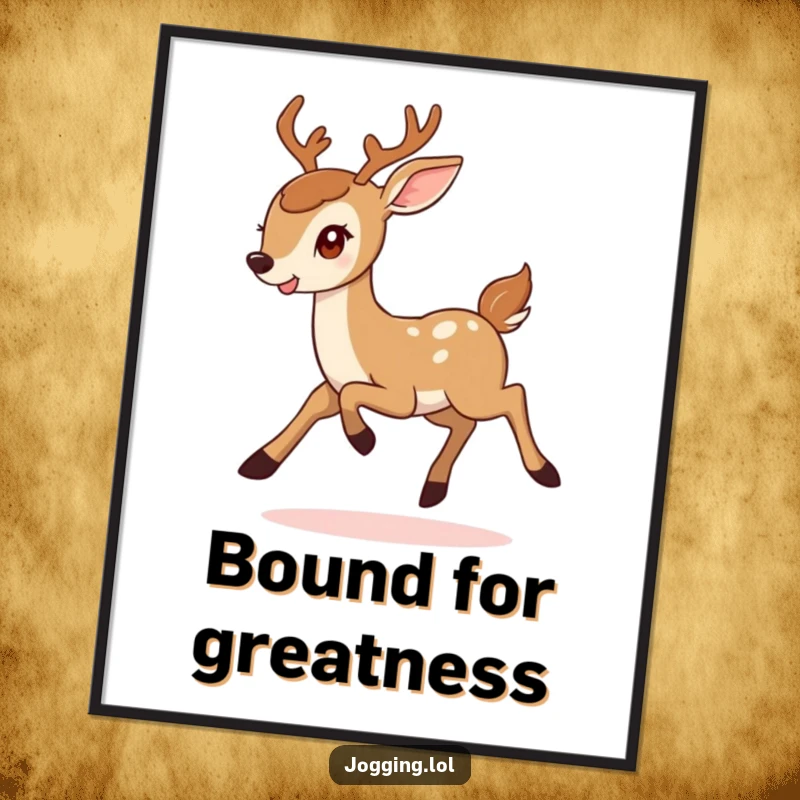 Funny poster showcasing a smiling deer caught in a dynamic bound, conveying determination and lighthearted joy, a humorous piece of wall art.
