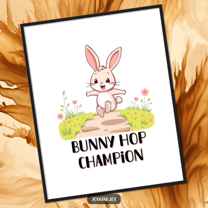 Funny Poster featuring a happy cartoon rabbit character performing energetic leaps along a clear, inviting path.