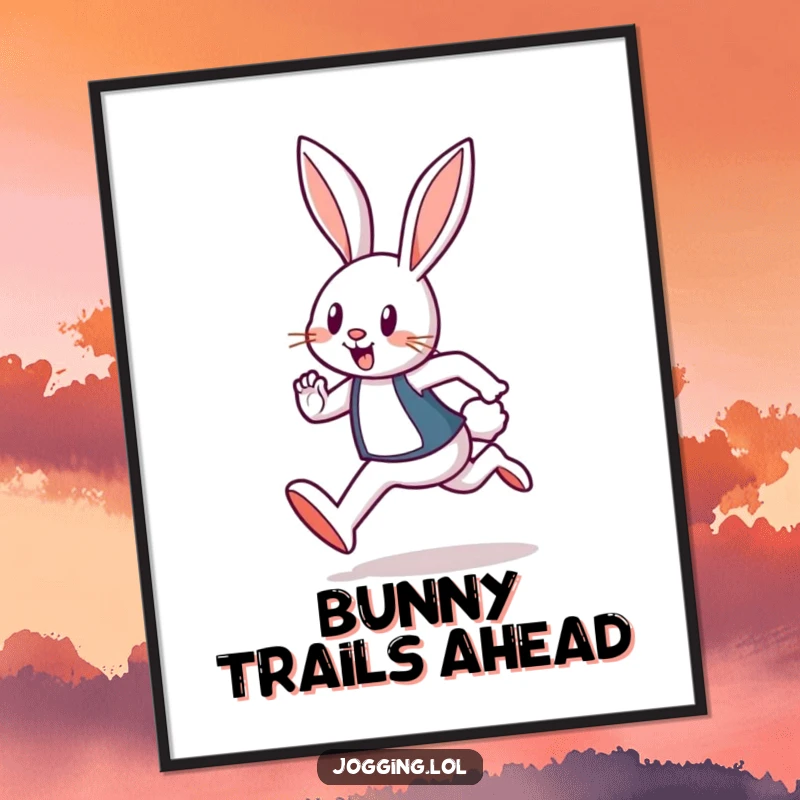 Funny poster art of a cheerful rabbit jogger captured mid-hop, conveying pure elation and athletic vigor.