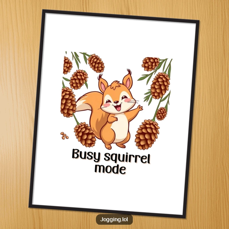 Funny squirrel poster capturing a jovial character weaving playfully between cones, radiating fun and agility for wall decoration, a great gift.