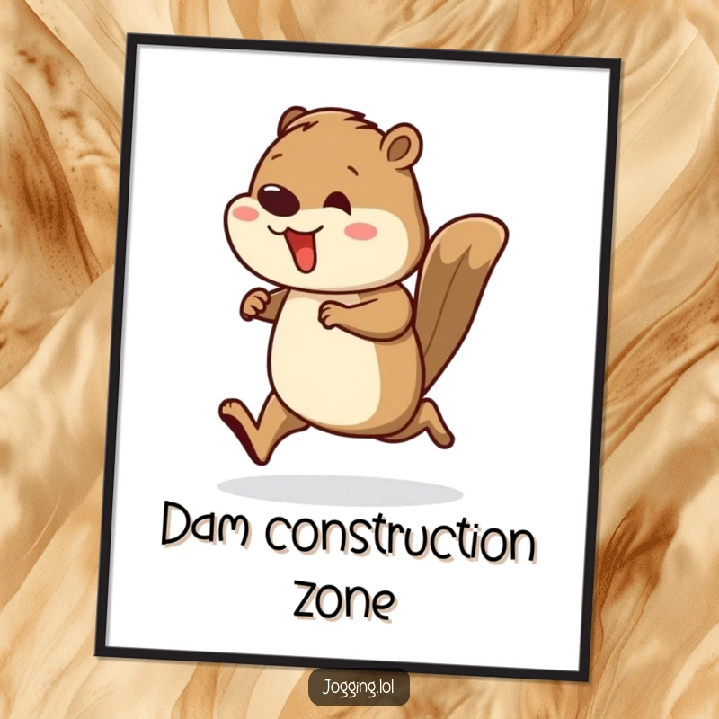 Funny poster art of a busy beaver runner in rhythmic stride, symbolizing productivity and diligent effort.