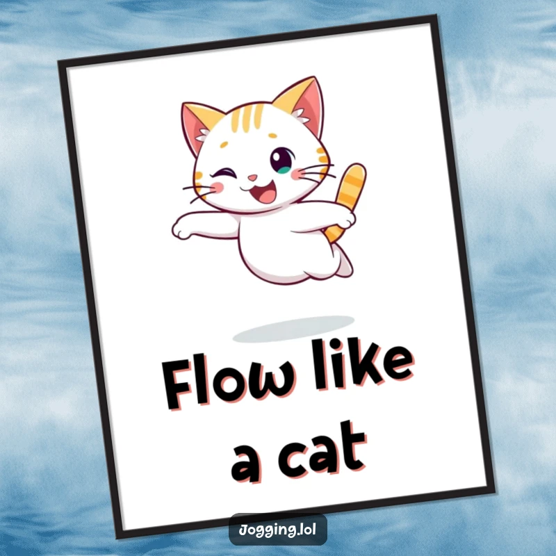 Funny cat poster showing a cheerful character in a graceful, flowing run, bringing a sense of movement and humor to any room.