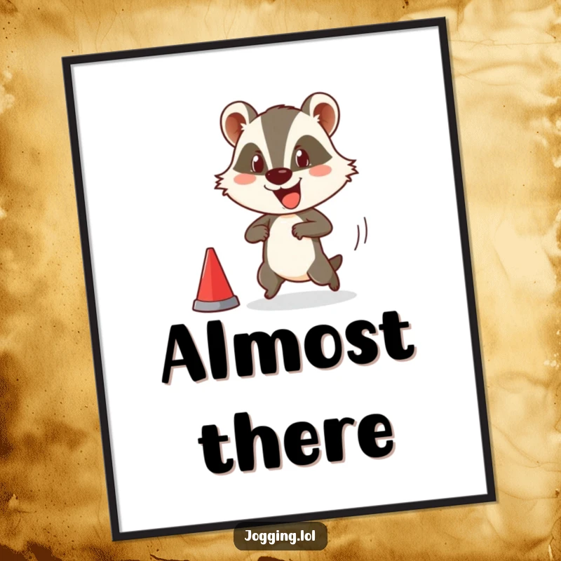 Funny poster featuring a happy badger character comically bursting into motion at a race start, celebrating the humor of athletic ambition.