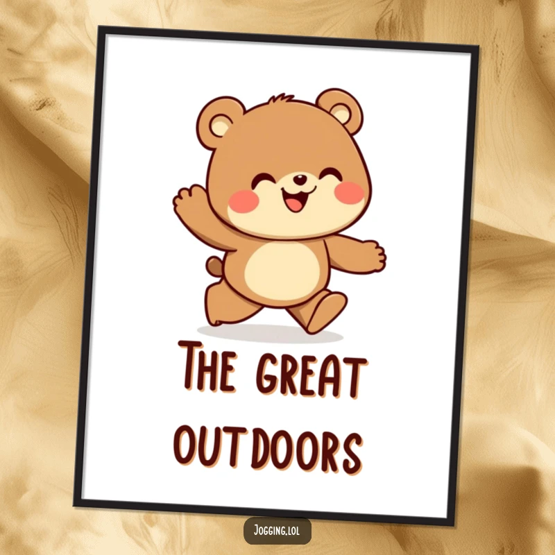 Funny poster art of a curious bear jogger looking ahead with excitement, inspiring exploration and a sense of wonder.