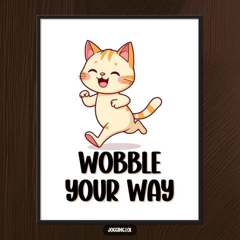 Funny poster of a happy cat character jogging with a playful wobble, adding humorous and charming feline wall art, a delightful funny gift.
