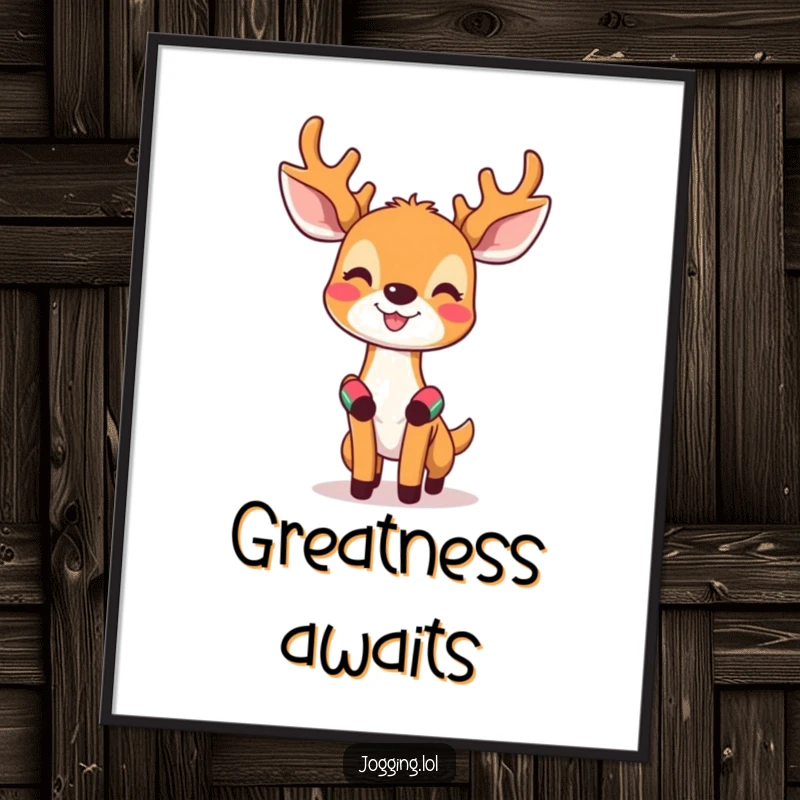 Funny poster of a happy deer with tiny wristbands, looking invigorated, perfect for inspiring workout motivation.