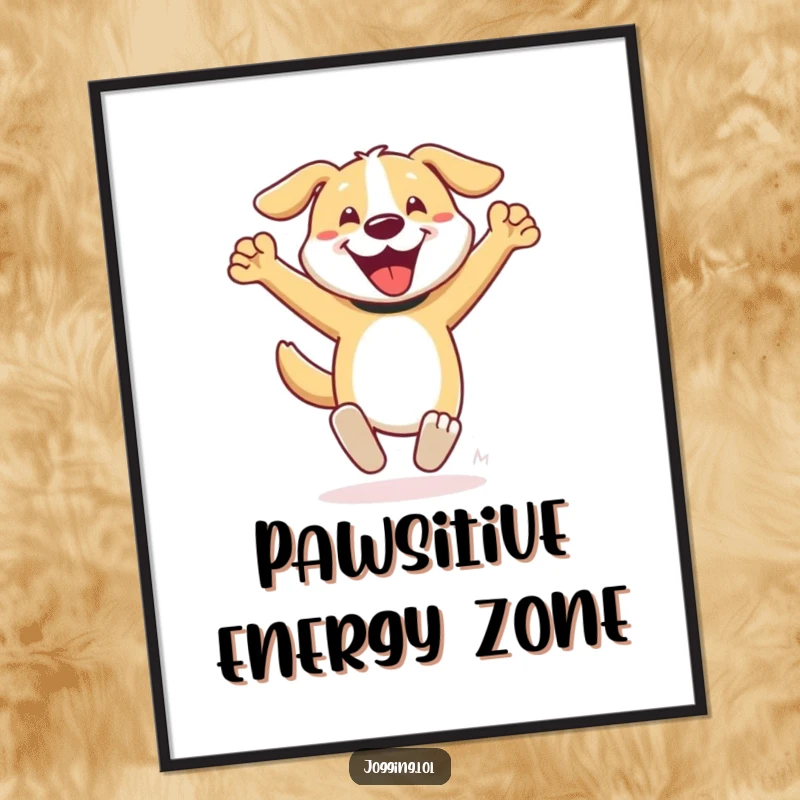 Funny dog poster capturing a happy character sprinting with vigorously pumping arms, full of energy and cheerfulness to adorn walls.