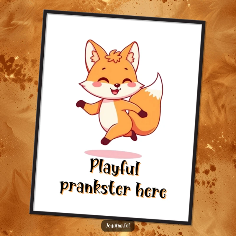 Funny poster art of a playful fox character dashing with a joyful bounce, capturing spirited movement and happiness.