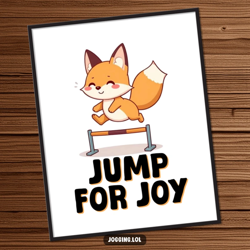 Funny fox poster art of a playful character leaping joyfully, spreading happiness and playful energy, a delightful funny gift.