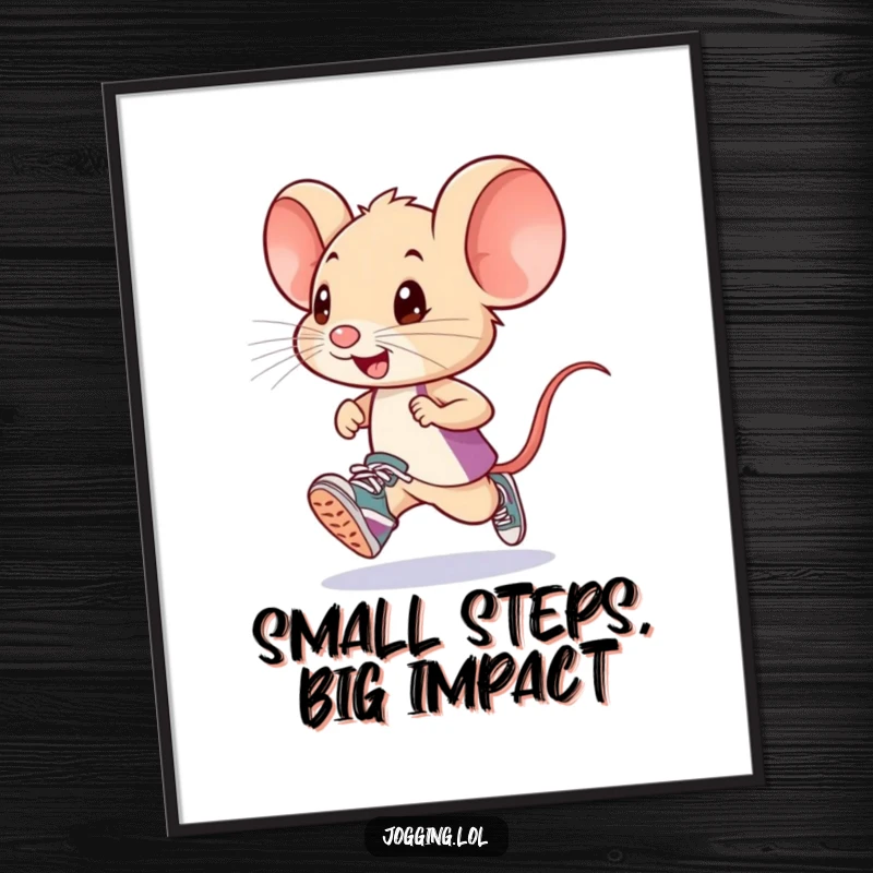 Funny mouse runner art print, showing a little mouse in tiny sneakers, embodying humorous determination and athletic spirit for wall decor.