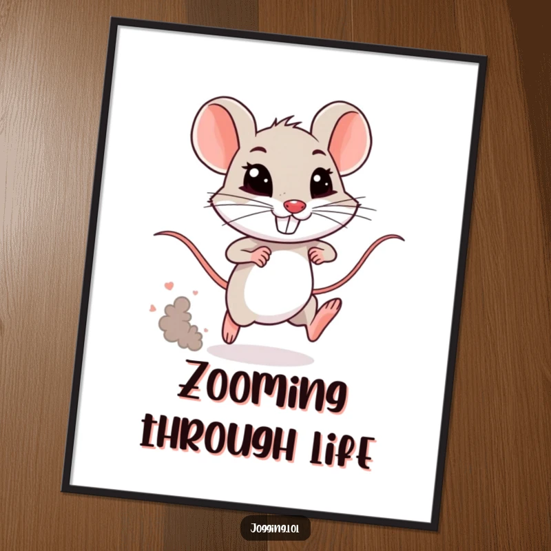 Funny mouse poster featuring a tiny, grinning rodent sprinting with a dust cloud. Humorous wall art for enthusiasts of speed and comedy.