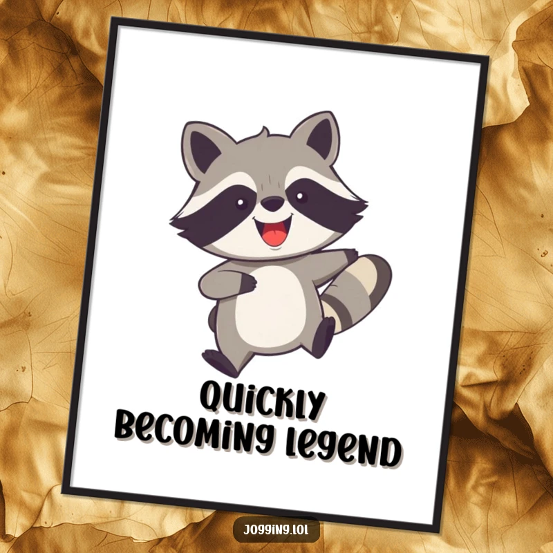 Funny poster showcasing a joyful raccoon with legs churning rapidly, capturing speed and playful excitement for a dynamic wall art piece.