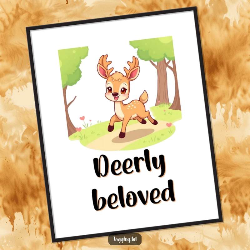 Funny deer poster with a smiling character eagerly bounding along a path, creating cheerful and humorous wall art for any setting.