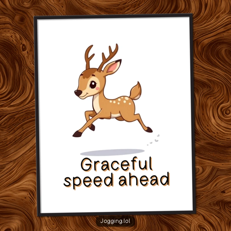 Funny deer jogger art print, showcasing graceful leaps and athletic determination, a humorous woodland scene perfect for inspiring wall decor.