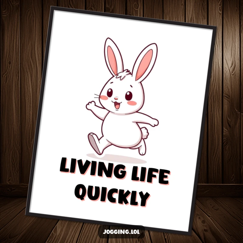 Funny poster of a cheerful rabbit character in mid-stride, full of energy and happiness, ideal for lively home decor.