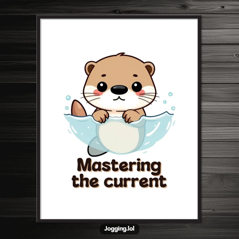Funny poster depicting a determined otter character swimming with rhythmic strokes, celebrating the beauty and power of aquatic movement.