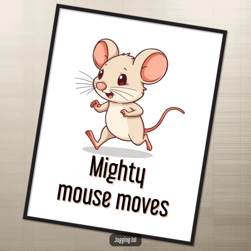Funny poster of a determined little mouse character running with tiny legs pumping, creating a humorous visual impact.
