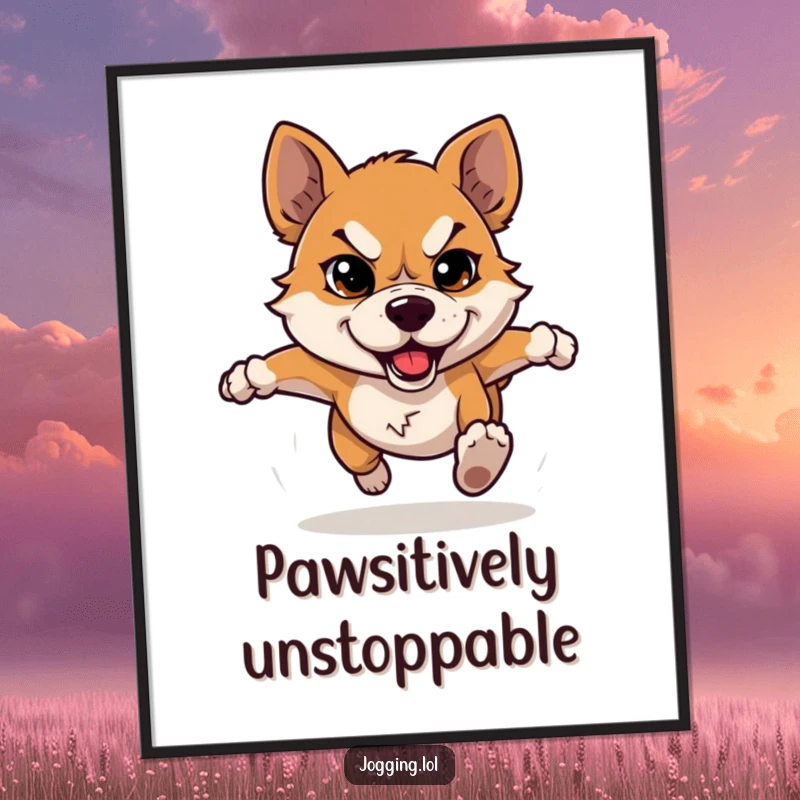 Funny dog poster featuring a dog character running with a comically determined expression, symbolizing perseverance and humor.