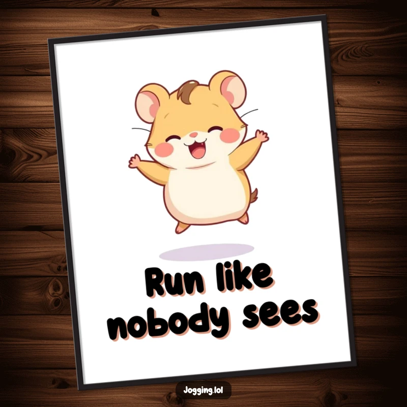 Funny poster print of a joyful hamster character running vigorously on an unseen wheel, perfect for motivational decor.