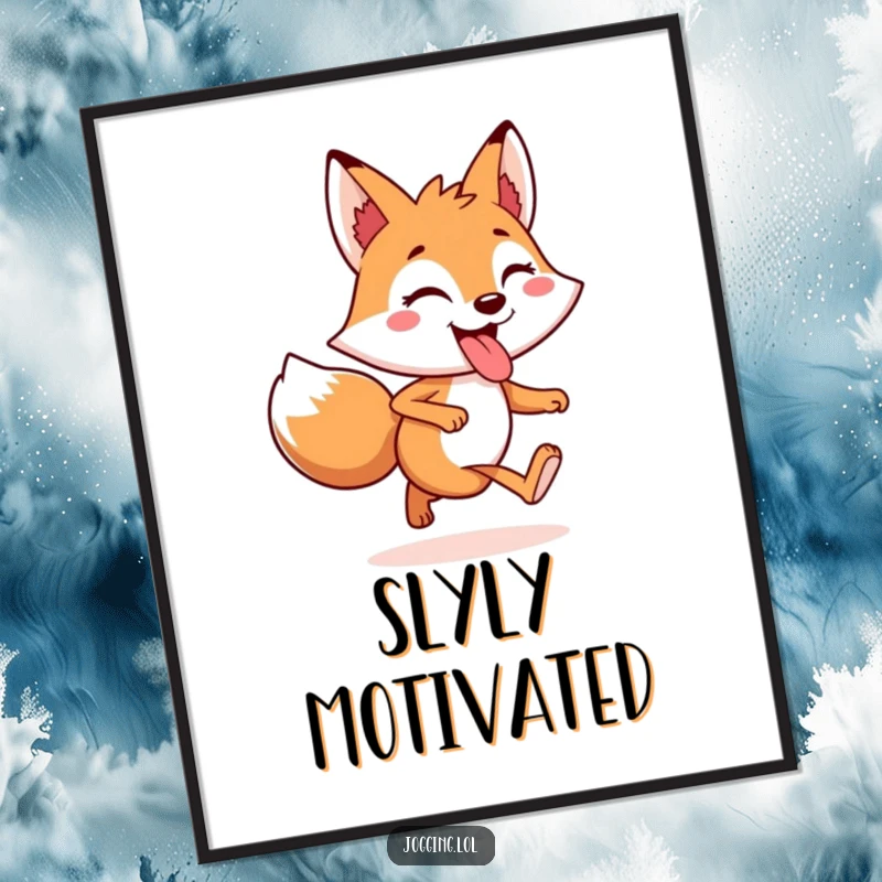 Funny Poster featuring a cheerful fox character energetically jogging with its tongue playfully sticking out, adding whimsy.