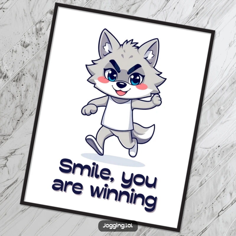 Funny wolf jogger art print, showing a confident wolf with a smile, embodying strength and humorous determination for motivational wall decor.