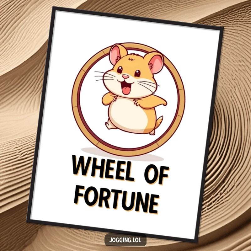 Funny poster art of a determined hamster running vigorously on a wheel graphic, projecting boundless energy and focus.