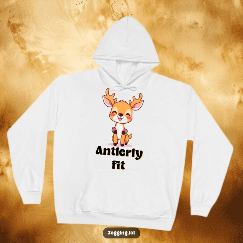 Funny hoodie featuring a happy deer with tiny sweatbands on its wrists, looking invigorated and ready to relax.