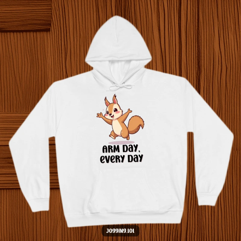 Funny squirrel running hoodie, energetic arm pumping, playful rodent, cozy apparel, motivational, awesome funny gift
