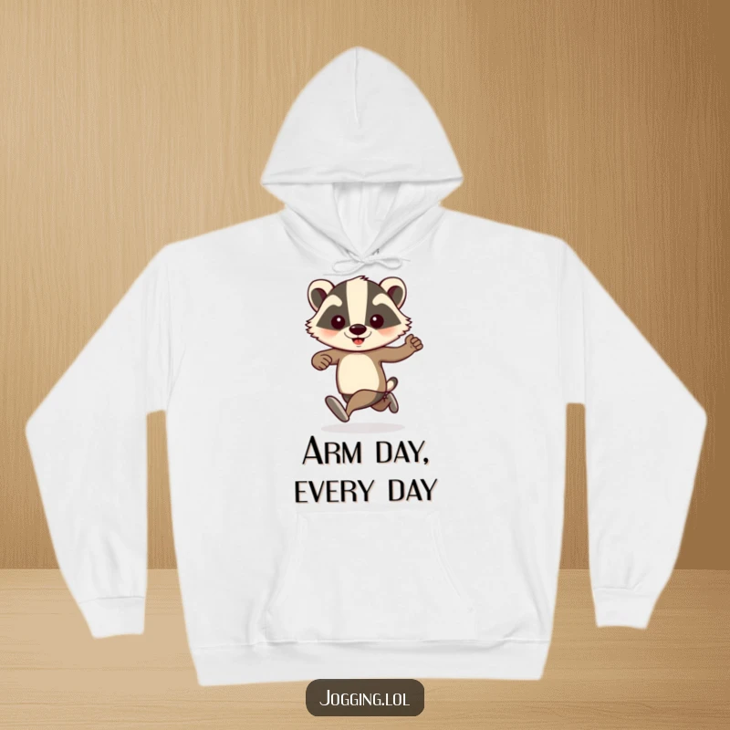Funny badger jogger with pumping arms, featured on a warm hoodie, bringing playful energy and humorous comfort for active individuals.